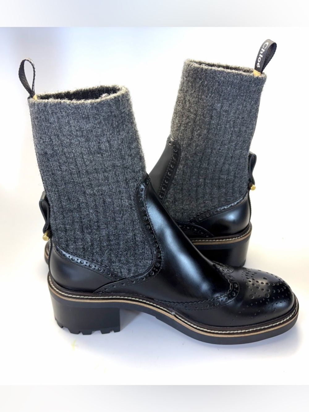 Chloè Franne Leather and Knitted Ankle Boots - Picture 7 of 8